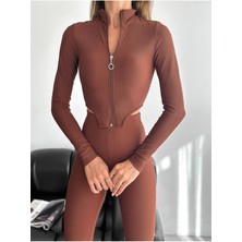 Qutta Kadın Fermuarlı Yarım Balıkçı Yaka Uzun Kol Ottoman Kumaş Crop Bluz