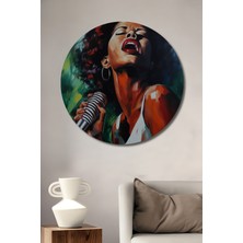 Teona Ahşap Sahne Işığı Caz Divası Yağlı Boya Görünümlü Ahşap Dekoratif Tablo Yuvarlak Duvar Tablosu