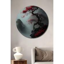 Teona Ahşap Büyülü Kırmızı Çiçekli Bonsai Ağacı Yağlı Boya Görünümlü Ahşap Tablo Yuvarlak Duvar Tablosu
