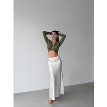 Elaxi Kadın Dalgıç Kumaş Tokalı Vatkalı Crop Bluz