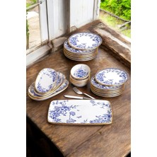 Pinkev 21 Parça 12 Kişilik Seramik Pasta Kahvaltı Sunum Tabağı Takımı - Mavi