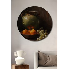 Teona Ahşap Sanatsal Yeşil Vazo ve Meyveler Yağlı Boya Görünümlü Dekoratif Ahşap Tablo Yuvarlak Duvar Tablosu