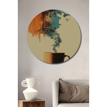 Teona Ahşap Şehir Silüeti Kuşlar ve Kahve Fincanı Yağlı Boya Görünümlü Ahşap Dekoratif Tablo Yuvarlak Duvar Tablosu