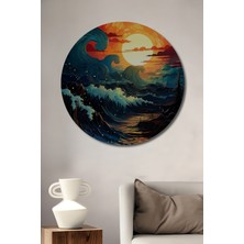 Teona Ahşap Büyük Dalgalar ve Gün Batımı Yağlı Boya Görünümlü Ahşap Dekoratif Tablo Yuvarlak Duvar Tablosu