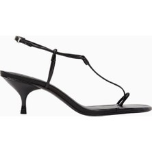 Schutz Elsha 55 Siyah Deri T-Bantlı 55MM Kitten Topuklu, Lüks Sandalet