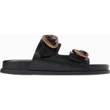 Schutz Lois Siyah Kroko Deri Çift Bantlı Sandalet, Altın Tonlu Tokalı ve Lüks Yaz Stili