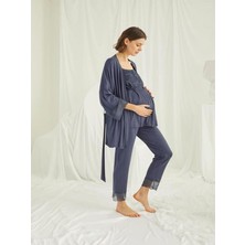 Monamise, Kadın, Lacivert, %94 Viskon %6 Elastan, Dantelli Önü Düğmeli Hamile/lohusa 3'lü Pijama Tk.