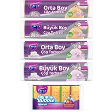 Parex Orta ve Büyük Boy Kokulu Büzgülü Çöp Torbası ve  5'li Düz Bubble Sünger Paketi