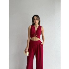 Klex Kadın Kuşaklı Tokalı Crop Bluz ve Palazzo Pantolon Takım - Bordo | Mint | Siyah | Vizon