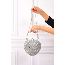 Roza Çanta Kadın Kalpli Taşlı Gümüş Abiye Çanta