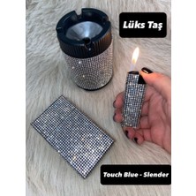 Lüks Taş Gümüş Taşlı Sigara Kutusu + Çakmak + Küllük Takımı [ slender & Touch blue ]