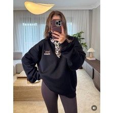 Astap Fular Detay Oversize Sweatshirt Kompakt Kumaş Kışlık Şardonlu Kadın