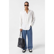 Vamos Basic Oversize Uzun Kollu Keten Gömlek Beyaz
