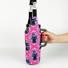 Woodycord El Yapımı Pembe Mistik Kediler termos Kılıfı Kulplu Model Quencher Pipetli 1,18