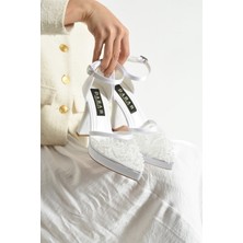 Dabab Shoes Pearly Beyaz Kadın Platformlu 11CM Topuklu Incili Bilekten Bantlı Abiye Gelin Düğün Ayakkabısı