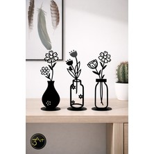 3art Metal Dekorasyon 3'lü Dekoratif Vazo Figürleri Seti - Çiçekli Masaüstü Dekor Modern Ev & Ofis Aksesuarı