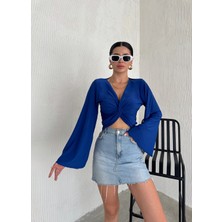 Qutta Kadın Önü Burgulu Ispanyol Kol Uzun Kol Crop Bluz