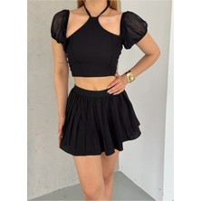 Qutta Kadın Boyundan Bağlamalı Şifon Kol Crop Bluz