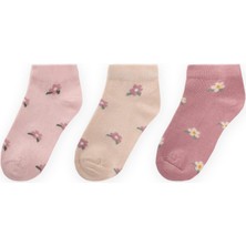 Cigit Üçlü Çiçek Desenli Çocuk Patik Çorap 5-12 Yaş Kum,pudra,gül Kurusu