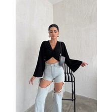 Qutta Kadın Önü Burgulu Ispanyol Kol Uzun Kol Crop Bluz