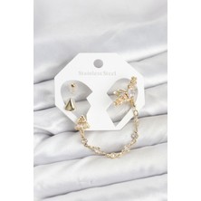 Maarketim Pirinç Gold Renk Yıldızlı Model Zincir Bağlantılı Ear Cuff Küpe Seti