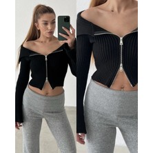 Newco Çift Fermuar Madonna Yaka Triko Kazak