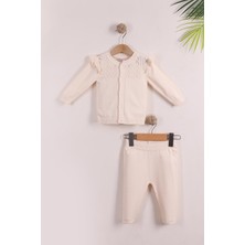 Kidello Ekru Fırfırlı Düğmeli Hırka Triko Kız Takım Pamuk 3-6 6-9 9-12