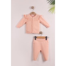 Kidello Pudra Fırfırlı Düğmeli Hırka Triko Kız Takım Pamuk 3-6 6-9 9-12