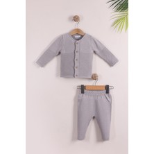 Kidello Gri Erkek Bebek Pamuklu Triko Takım | Düğmeli Çizgi Örgü 3-6, 6-9, 9-12 Ay