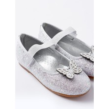 Kız Çocuk Simli Kelebekli Kaydırmaz Taban Babet