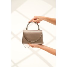 Roza Çanta Kadın Platin Kumaş Abiye Taş Detaylı Sap Zincir Askı Dügün Gece Çantası