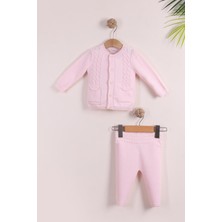 Kidello Pembe Pamuk Düğmeli Cepli Yaka Kız Bebek Triko Takım – Hasır Desenli 0-3 Ay,3-6 Ay, 6-9 Ay