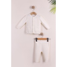 Kidello Ekru Pamuk Düğmeli Cepli Yaka Kız Bebek Triko Takım – Hasır Desenli 0-3 Ay,3-6 Ay, 6-9 Ay