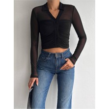 Qutta Kadın Polo Yaka Tül Kol Bluz