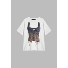 Cinema Moda Denim Corset Baskılı Relaxed Fit Beyaz Kadın Tshirt