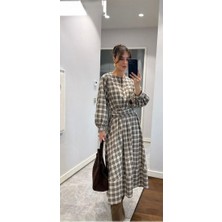 Mabel Giyim Ekose Elbise DRC-0111 Bej