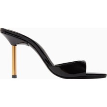 Schutz Open-Toe 87 Siyah Patent Deri, Ince Bantlı ve Metalik Topuklu Sandalet