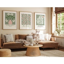 Pam Studio Yeşil Tonlarda Matisse Çiçek Desenli 3’lü Ahşap Tablo Seti – Modern Minimalist Duvar Dekoru