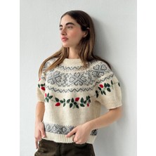 Retrobird Tasarım Nakış Işlemeli Triko Kazak Kadın Açık Krem