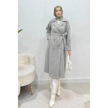 Tesettür Diyarı Yenal Astarsız Kuşaklı Tesettür Kaban- Gri