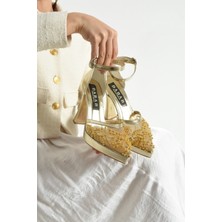 Dabab Shoes Pearly Gold Altın Kadın Platformlu 11CM Topuklu Incili Bilekten Bantlı Abiye Gelin Düğün Ayakkabısı