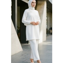 Taş Işlemeli Tunik Pantolon Ikili Takım 0230-02 Beyaz