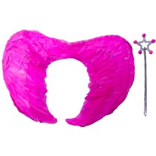 Popüler Sepet Gerçek Tüylü Katlanabilir Çocuk Pembe Melek Kanadı ve Asa Seti 40X55 cm