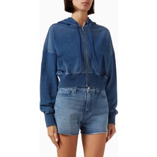 Good American Jeanius Zip Up Hoodie, Denim Esintili Rahat-Şık Kadın Sweatshirt