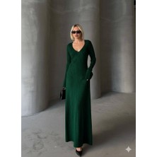 Trendparis V Yaka Uzun Kollu Fitilli Triko Elbise