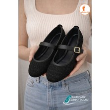 Albishoes Tüvit Kumaş Mary Jane Babet Şık Tokalı Anatomik Taban Günlük Ofis Ayakkabısı Kadın Babet