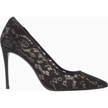 Black Suede Studio Gia 100 Dantel ve Saten, Siyah Ince Topuklu Stiletto Ayakkabı