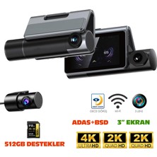 Navimex DVR-413 3 Araç Içi Kamerası Dvr Wi-Fi LCD Ekranlı Gece Görüşlü Adas+Bsd 3 Kameralı 4k+2k+2k