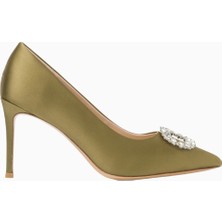 Nass Nova 90 Haki Kristal Işlemeli Lüks, Saten Sivri Burun Yüksek Topuklu Stiletto