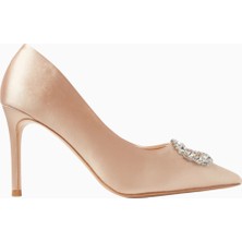 Nass Nova 90 Bej Kristal Broşlu Lüks, Saten Sivri Burun Yüksek Topuklu Stiletto Ayakkabı